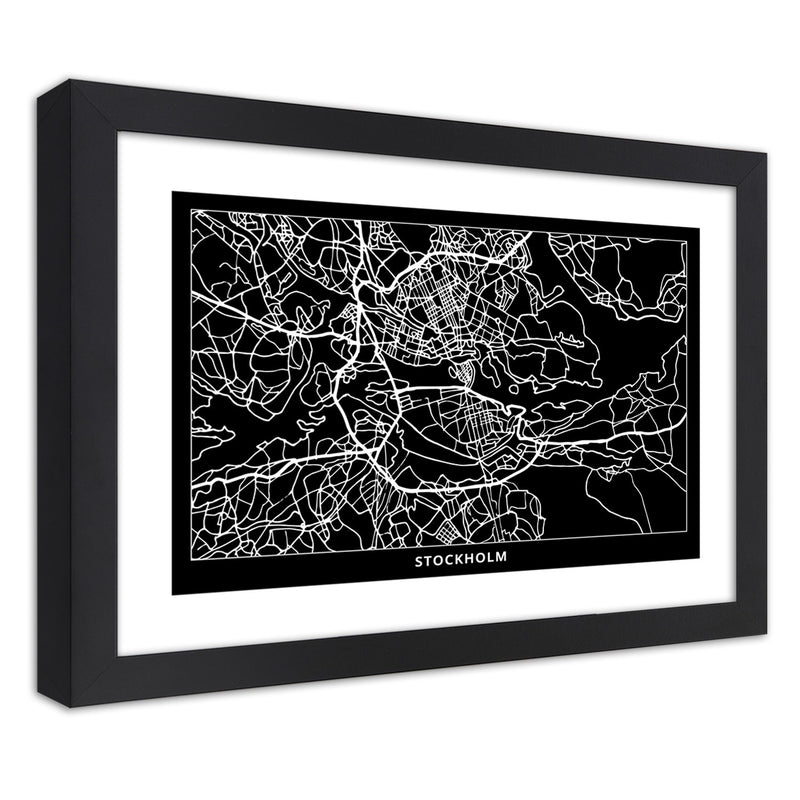 Imagen en marco negro, plano de la ciudad de Estocolmo