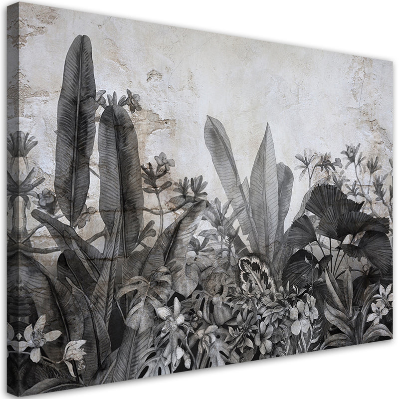 Canvas print, Black and white leaves on concrete background