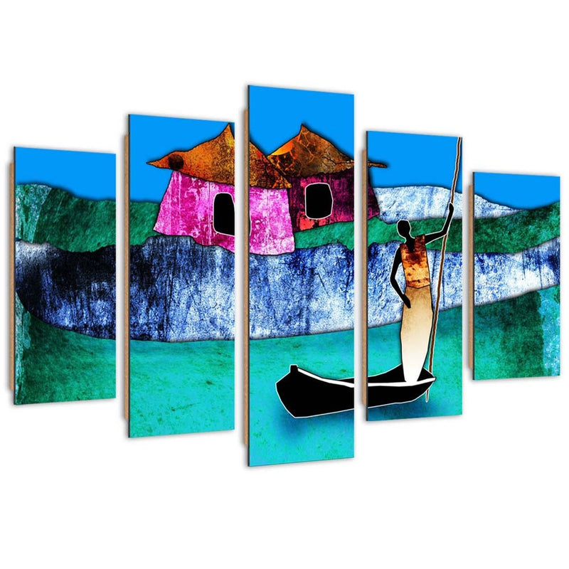 Five piece picture deco panel, Woman in a boat