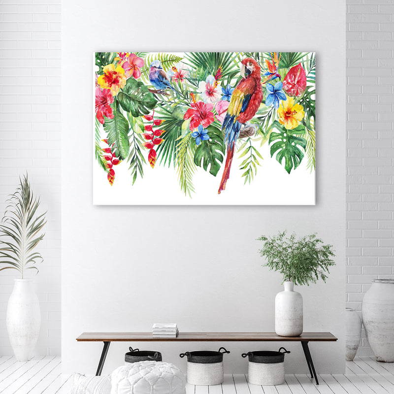 Canvas print, Leaves flowers and parrot