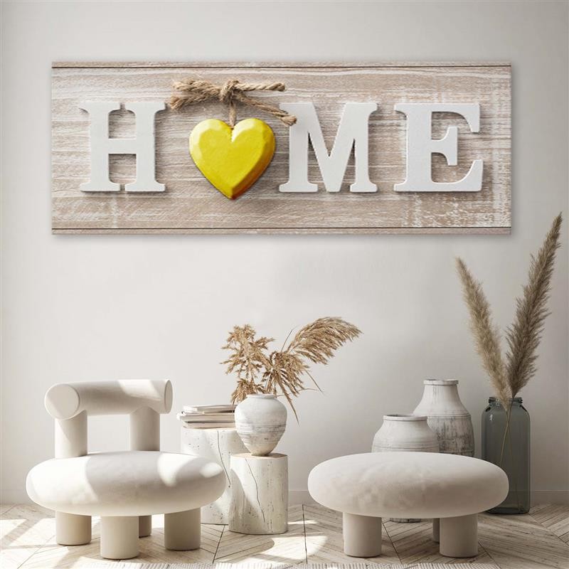Deco panel print, Home with a yellow heart on light wood