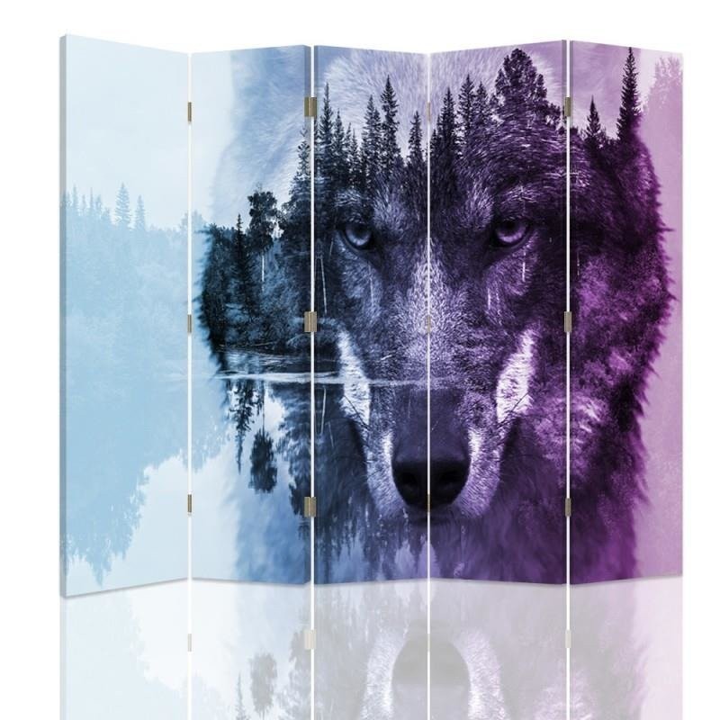 Room divider Double-sided, The wolf on the background of the forest in purples