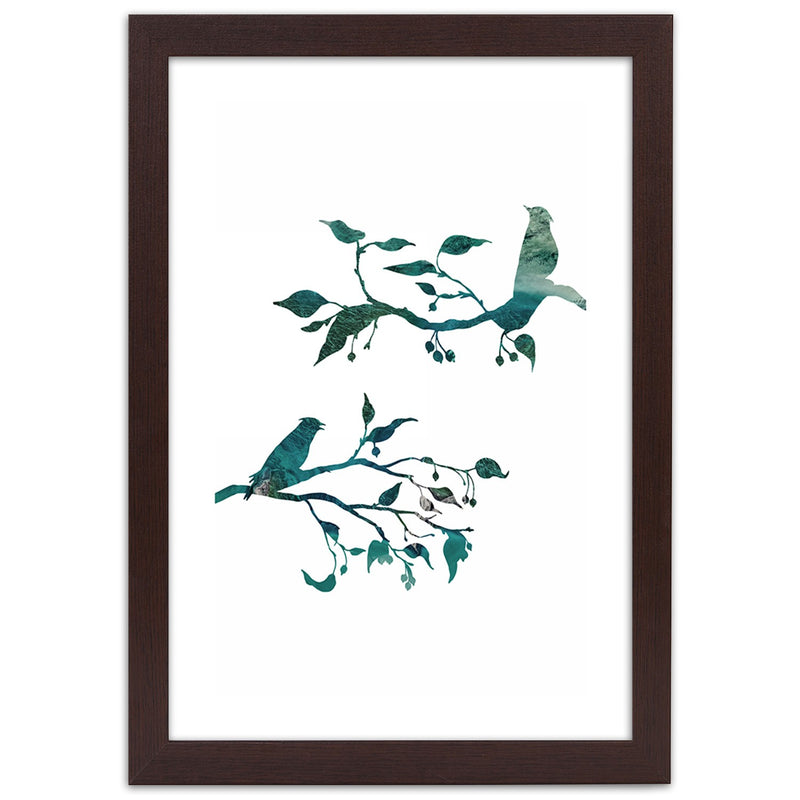Picture in brown frame, Birds on branches