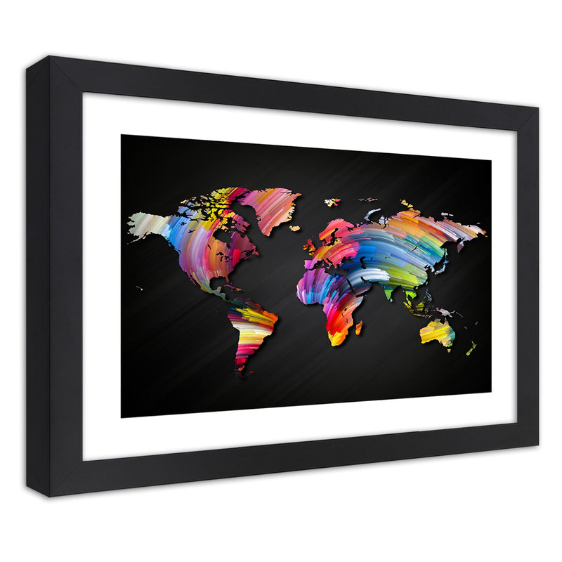 Imagen en marco negro, mapa mundial en diferentes colores.
