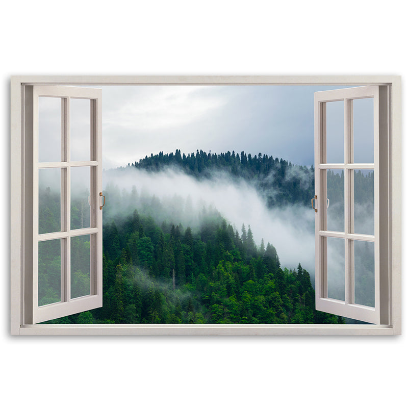 Canvas print, Forest in fog view from the window