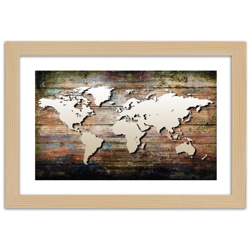 Picture in natural frame, World map on old planks