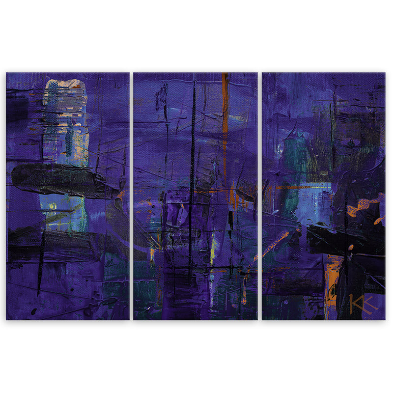 Cuadro de tres piezas en lienzo, abstracto violeta pintado a mano