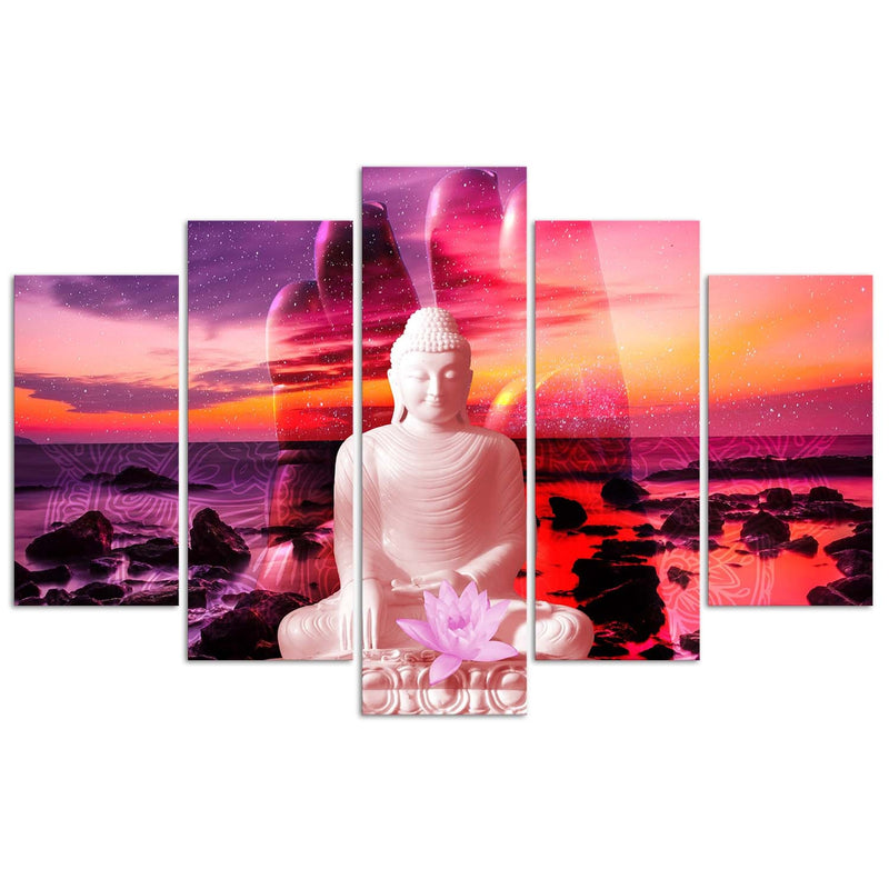 Five piece picture deco panel, Buddha in front of the ocean