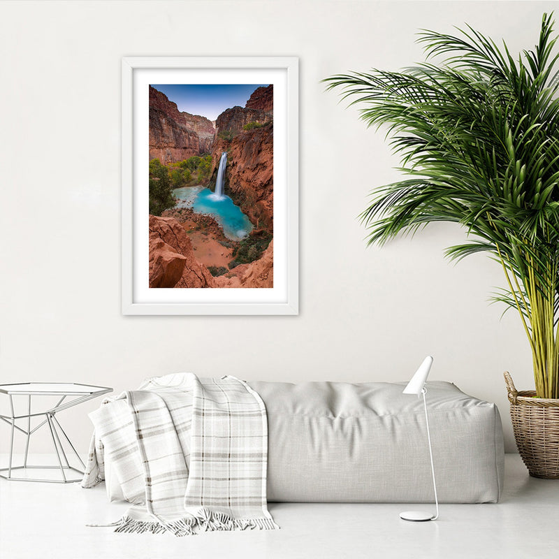 Picture in white frame, Blue waterfall among the rocks