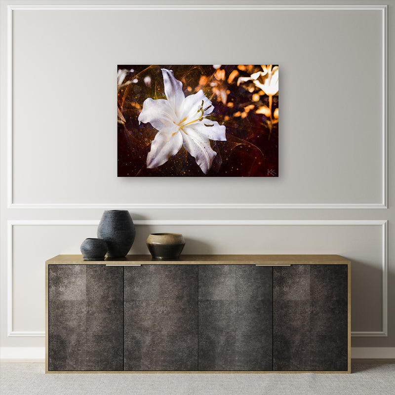 Deco panel print, White lily on brown background