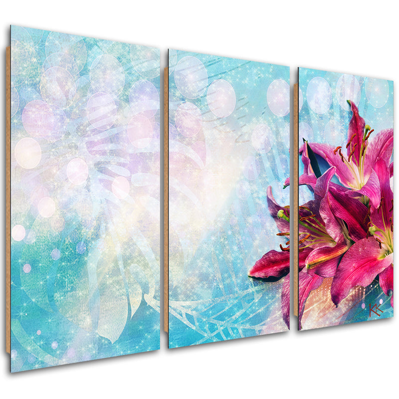 Three piece picture deco panel, Pink flowers on blue background