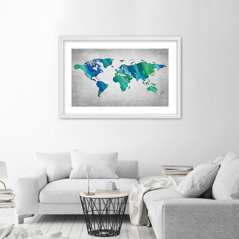 Imagen en marco blanco, mapa mundial coloreado sobre hormigón