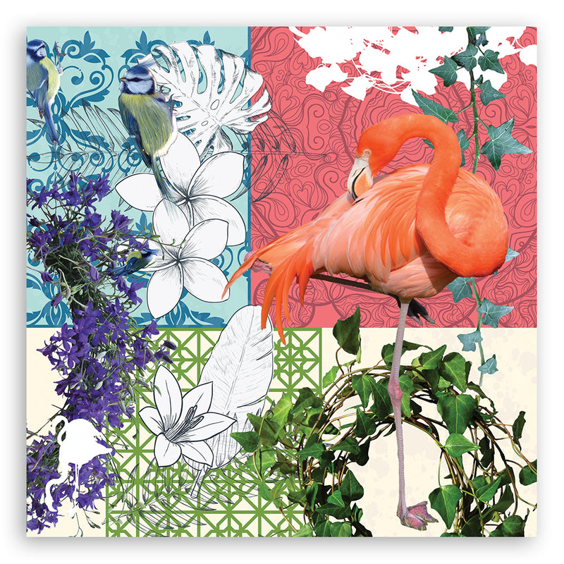 Panel decorativo estampado, collage de flamencos y pájaros