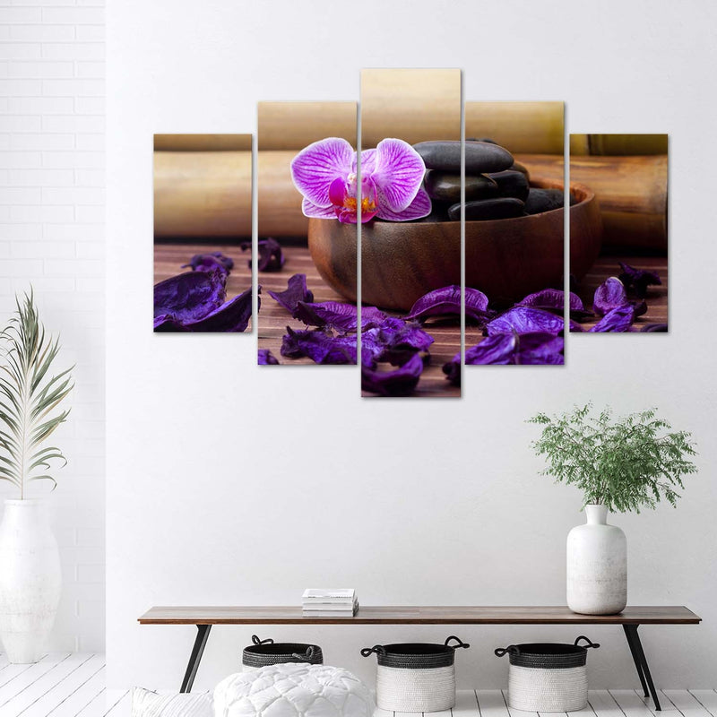 Cuadro en lienzo de cinco piezas, composición zen con orquídea rosa