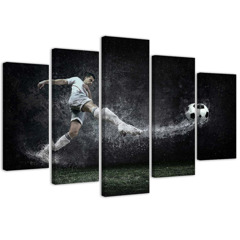 Five piece picture canvas print, Footballer on wet turf