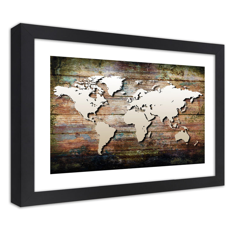 Imagen en marco negro, mapa mundial sobre tablones viejos