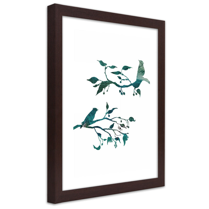 Picture in brown frame, Birds on branches