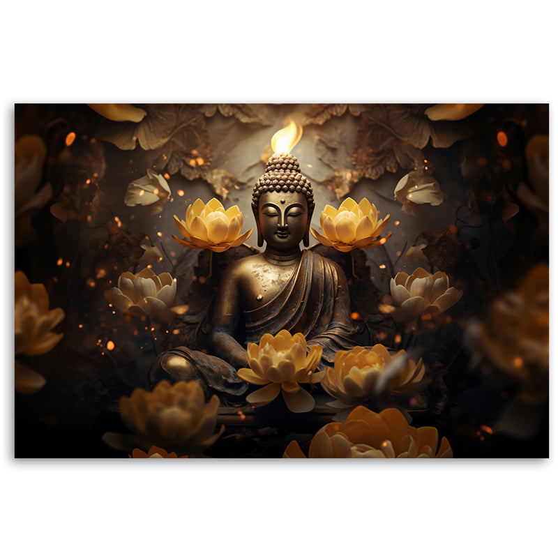 Cuadro, Buda dorado y flores de loto.