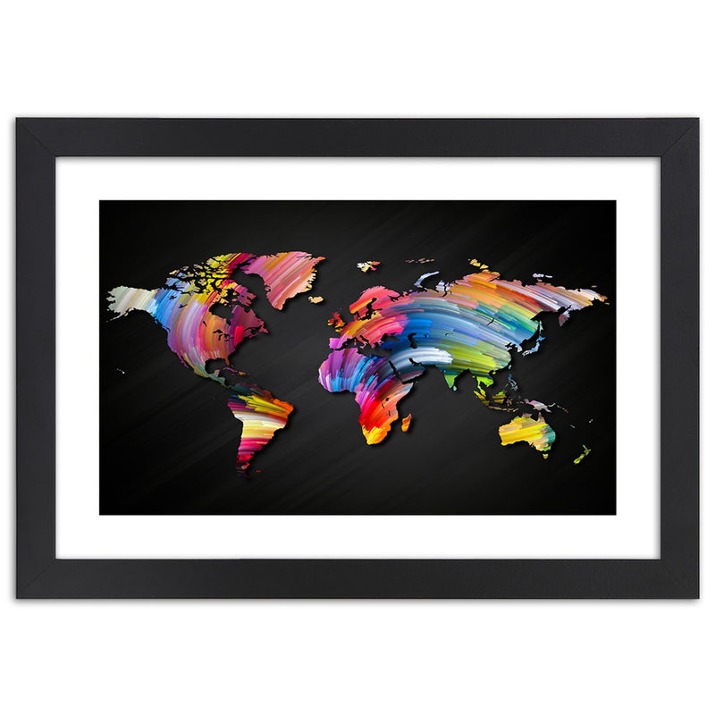 Imagen en marco negro, mapa mundial en diferentes colores.