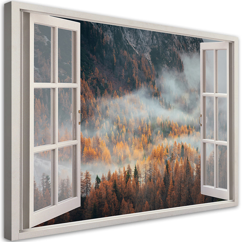 Canvas print, Window autumn mist in the mountains
