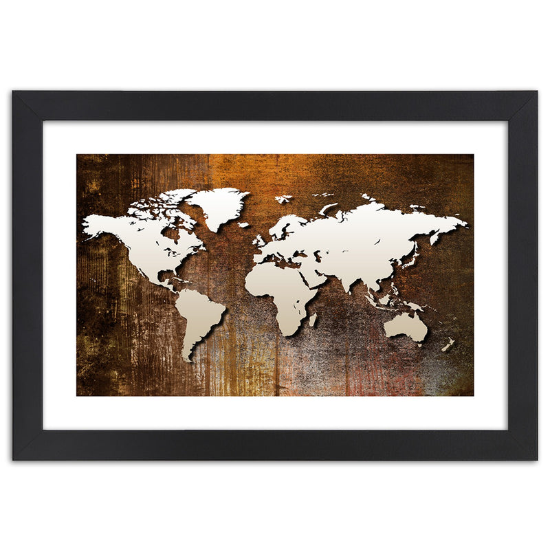 Cuadro en marco negro, Mapa mundial sobre madera.