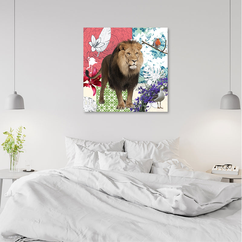 Canvas print, Lion and birds collage
