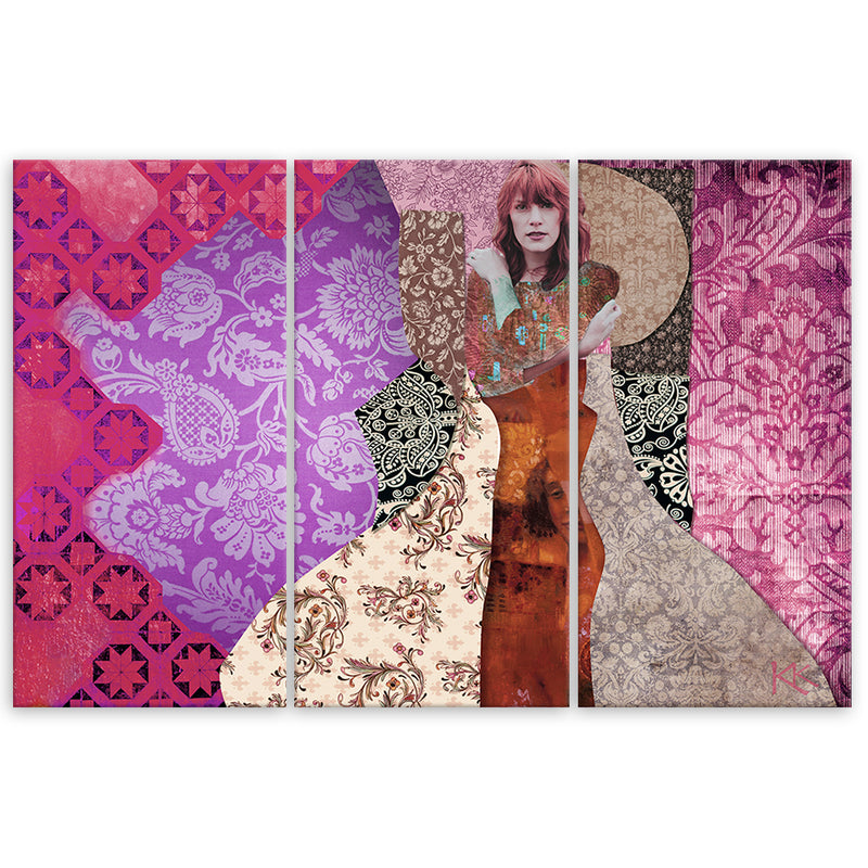 Panel decorativo con imagen de tres piezas, Mujer sobre fondo decorativo