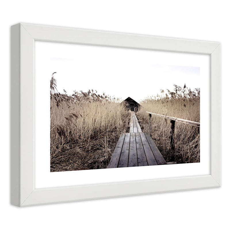 Picture in white frame, Old pier in high reeds