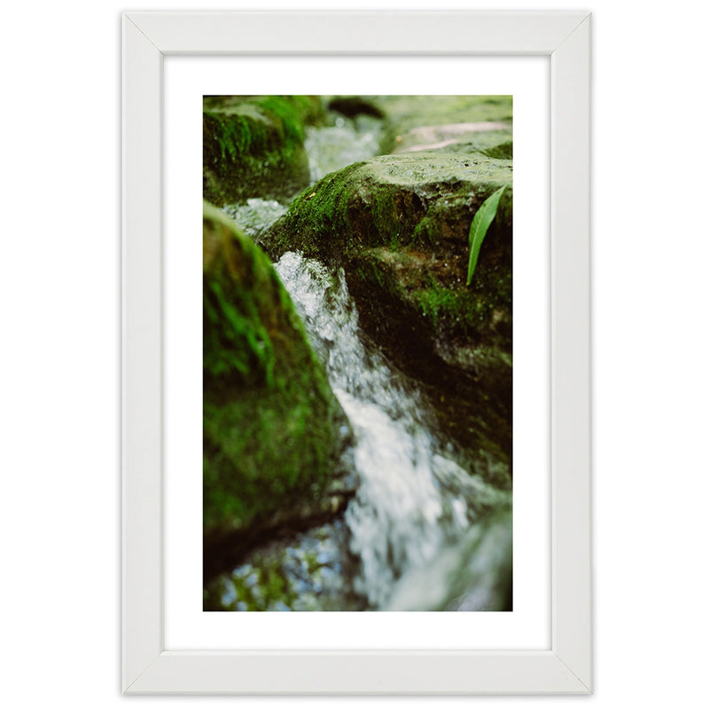 Picture in white frame, Rushing river