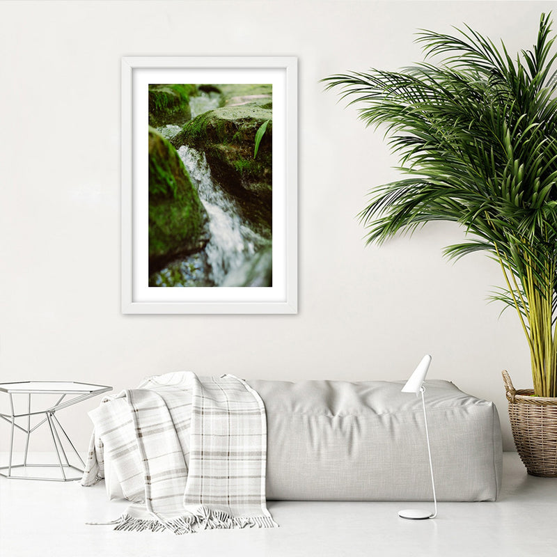 Picture in white frame, Rushing river