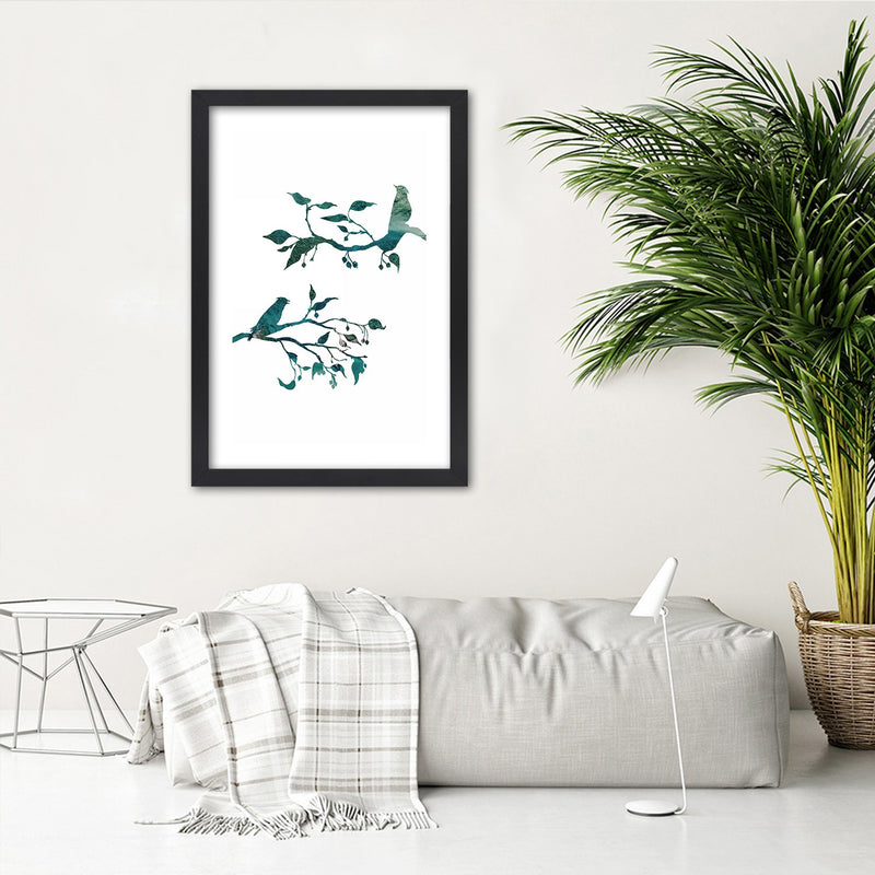 Picture in black frame, Birds on branches