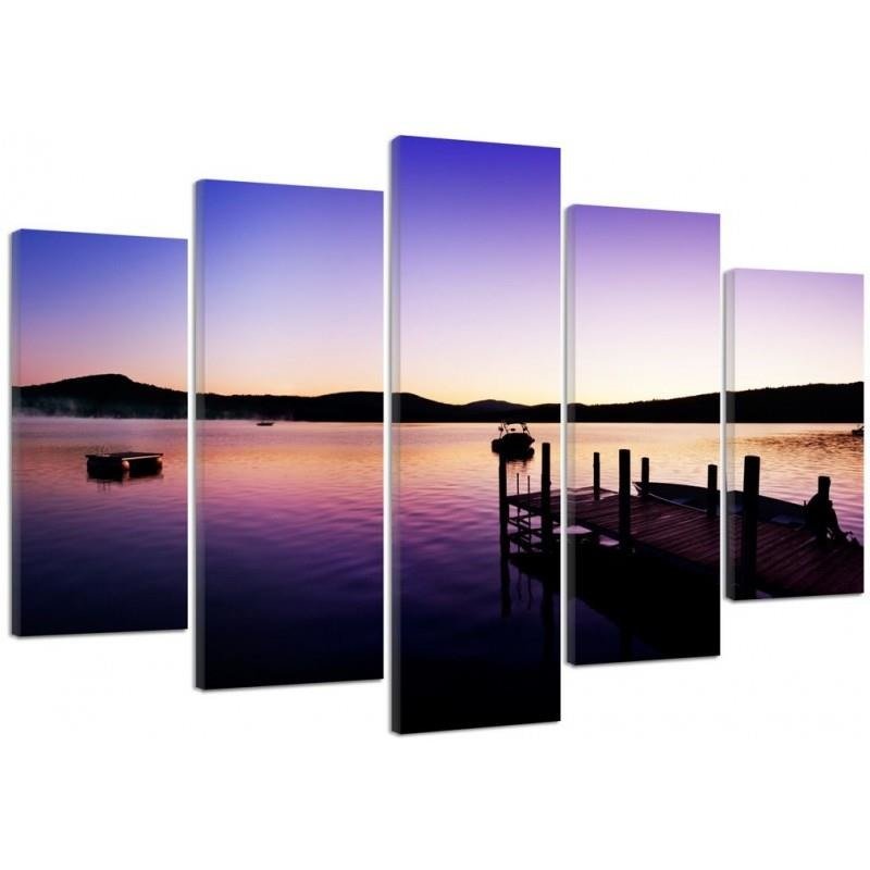 Five piece picture canvas print, Harbour and lake on a summer morning