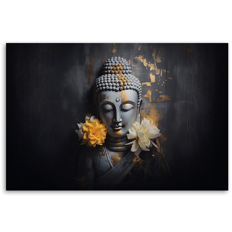 Cuadro, Buda gris y flores.