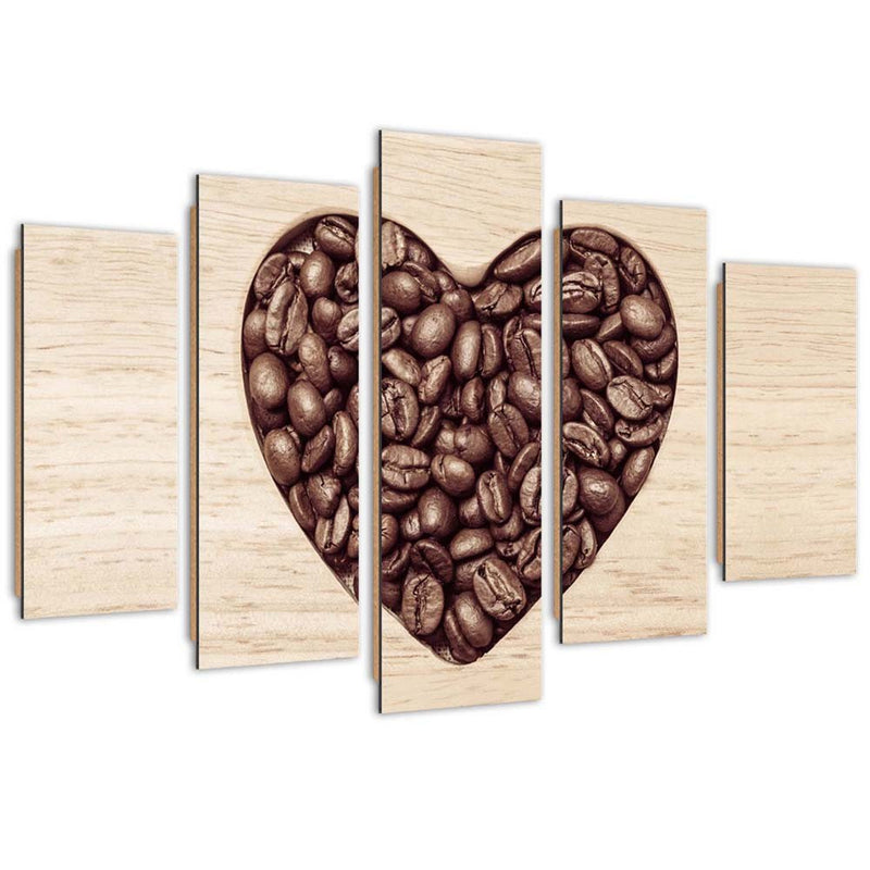 Panel decorativo con cuadros de cinco piezas, Corazón de granos de café 5 surtidos
