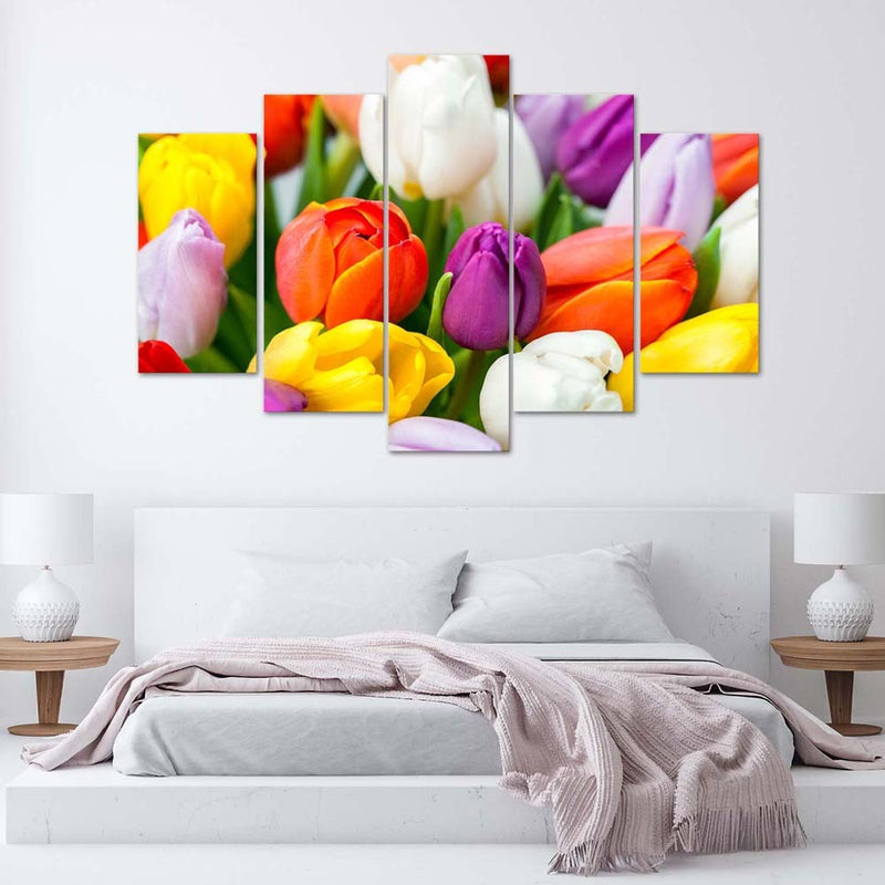 Panel decorativo con imagen de cinco piezas, Tulipanes de colores