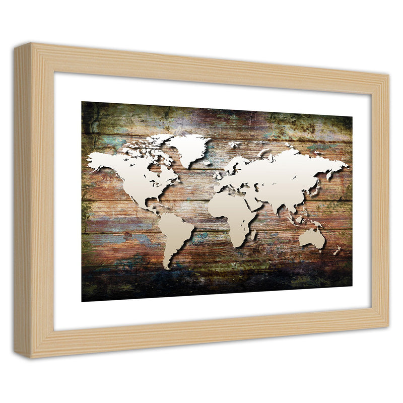 Imagen en marco natural, mapa mundial sobre tablones viejos