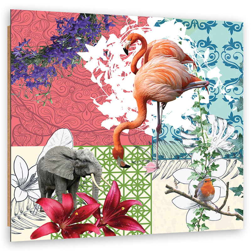 Deco panel print,  Flamingo Elephant Bird collage