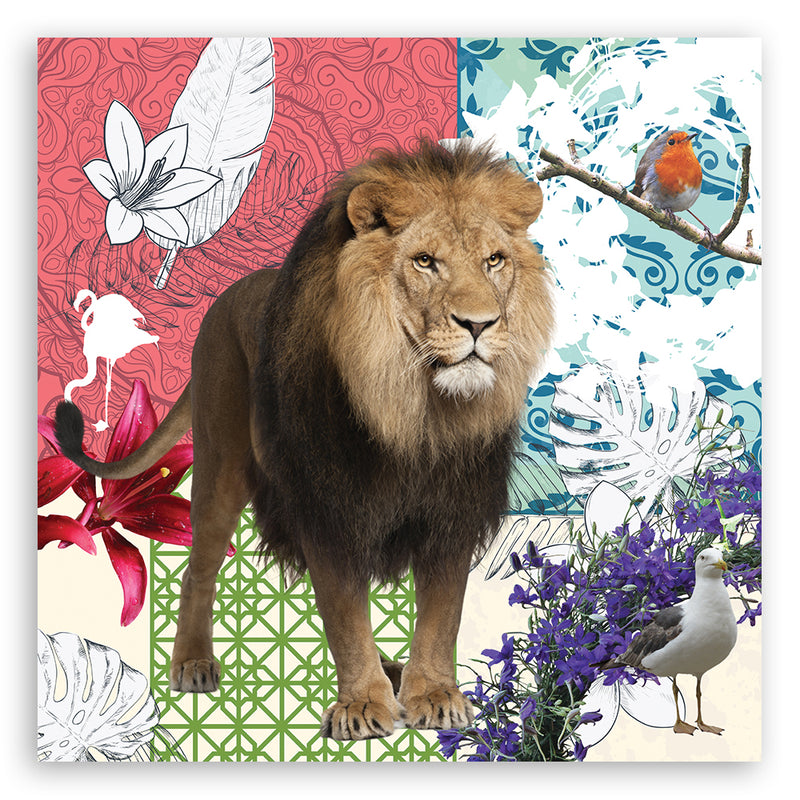 Panel decorativo estampado, collage de leones y pájaros