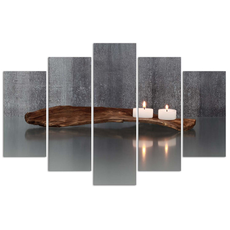 Cuadro en lienzo de cinco piezas, composición zen con velas y madera
