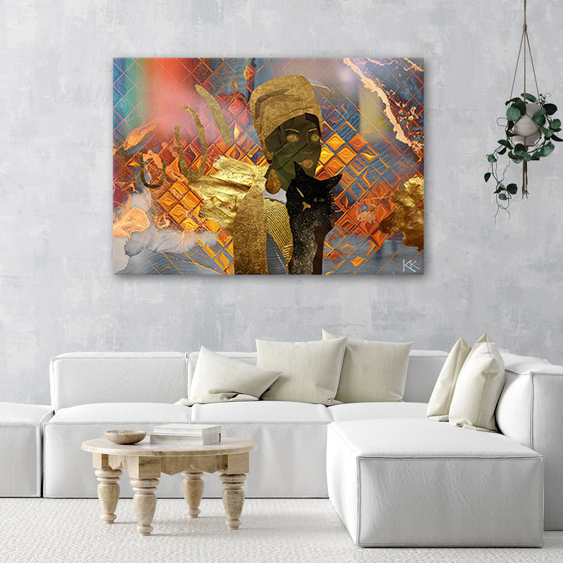 Canvas print, African woman and black cat