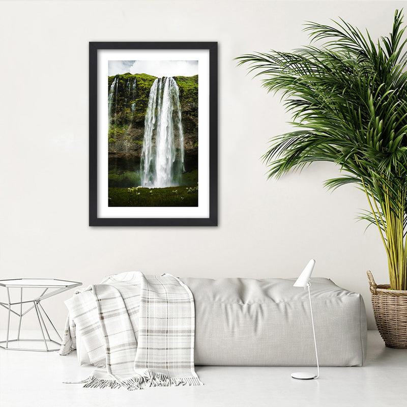 Picture in black frame, Waterfall in the green mountains