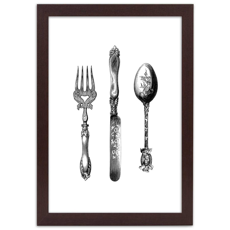 Picture in brown frame, Rustic cutlery