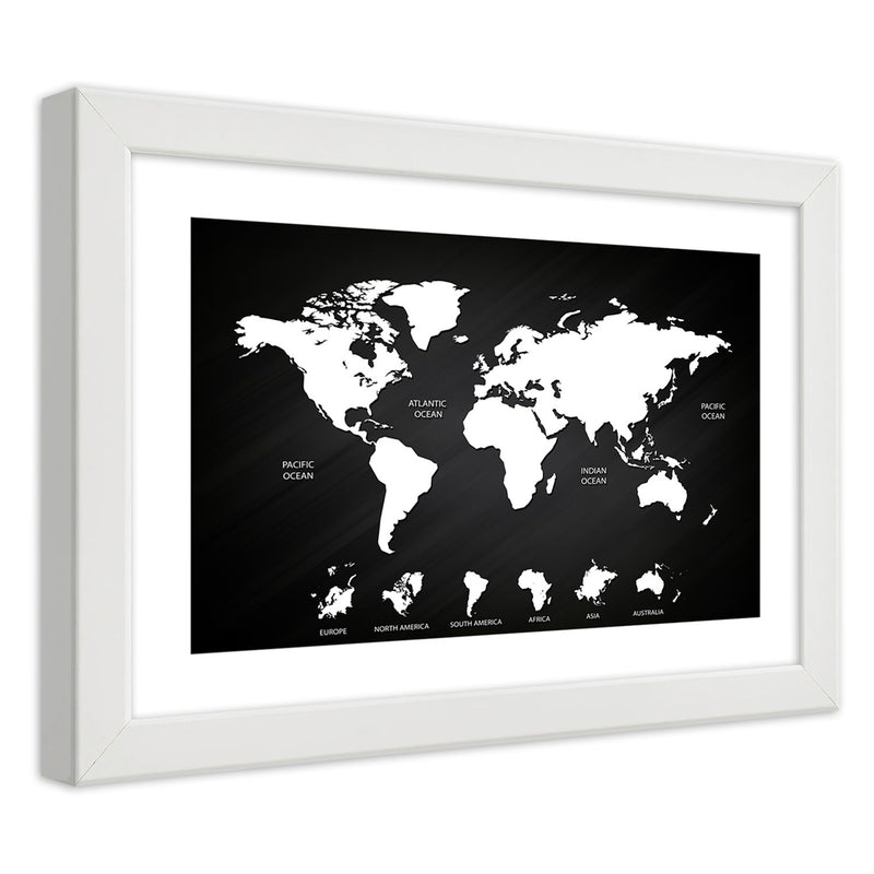 Picture in white frame, Contrasting world map and continents