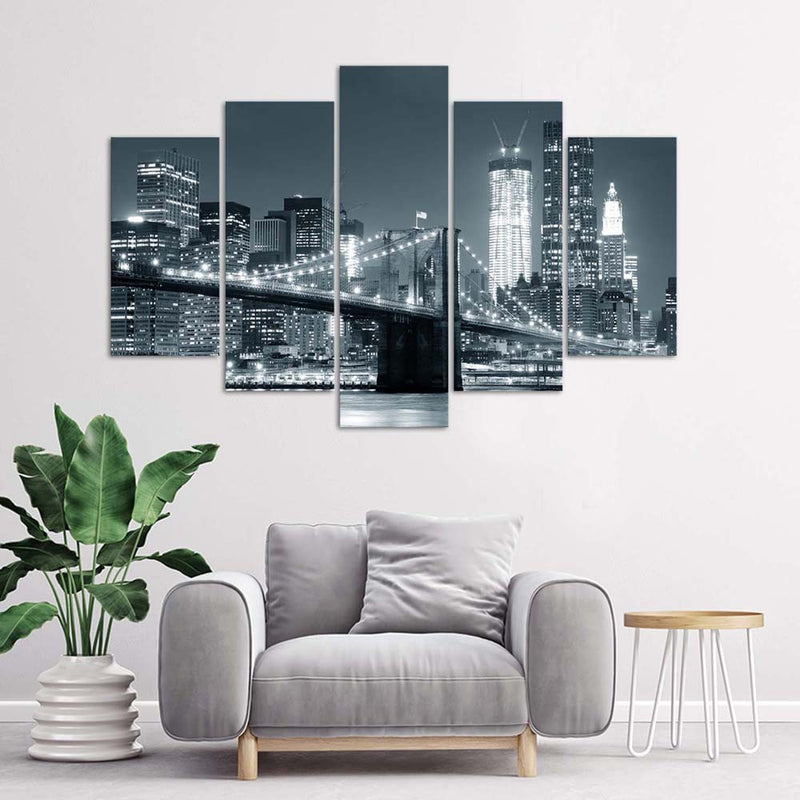 Panel decorativo con cuadros de cinco piezas, puente de Brooklyn en blanco y negro