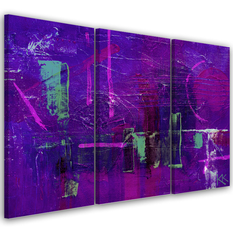Three piece picture canvas print, Violet abstract hand painted