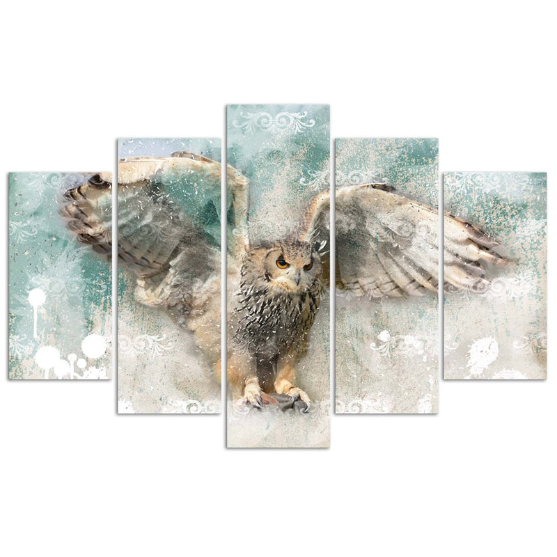 Five piece picture canvas print, Owl in flight