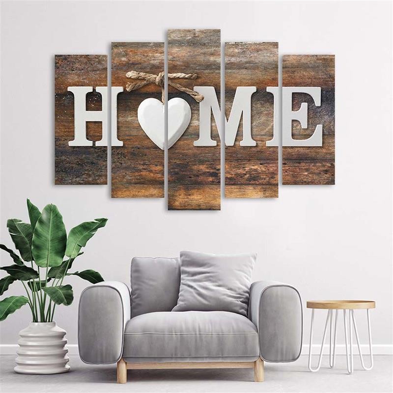 Five piece picture canvas print, Home on old wooden board with vintage look