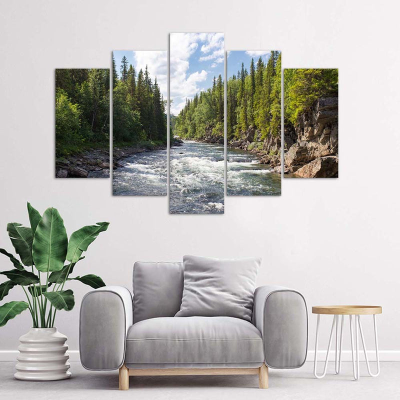 Five piece picture canvas print, River in a forest