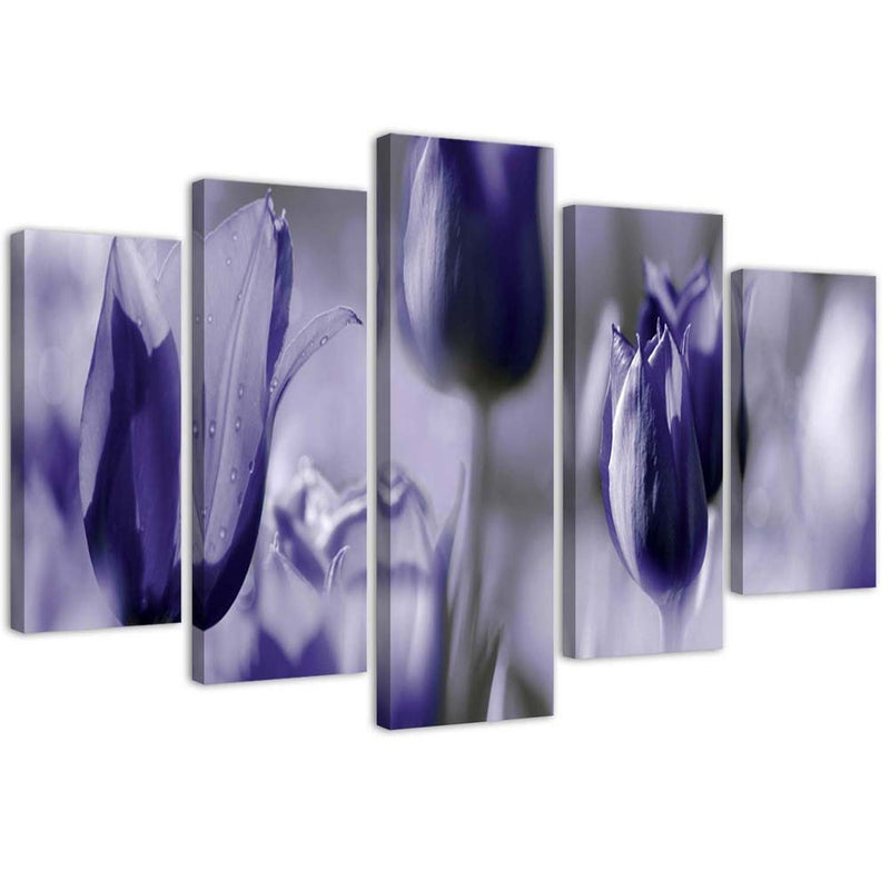 Five piece picture canvas print, Purple tulips in a meadow