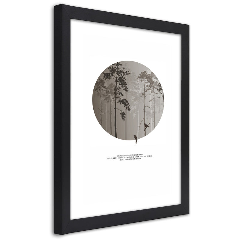Picture in black frame, Birds in a forest